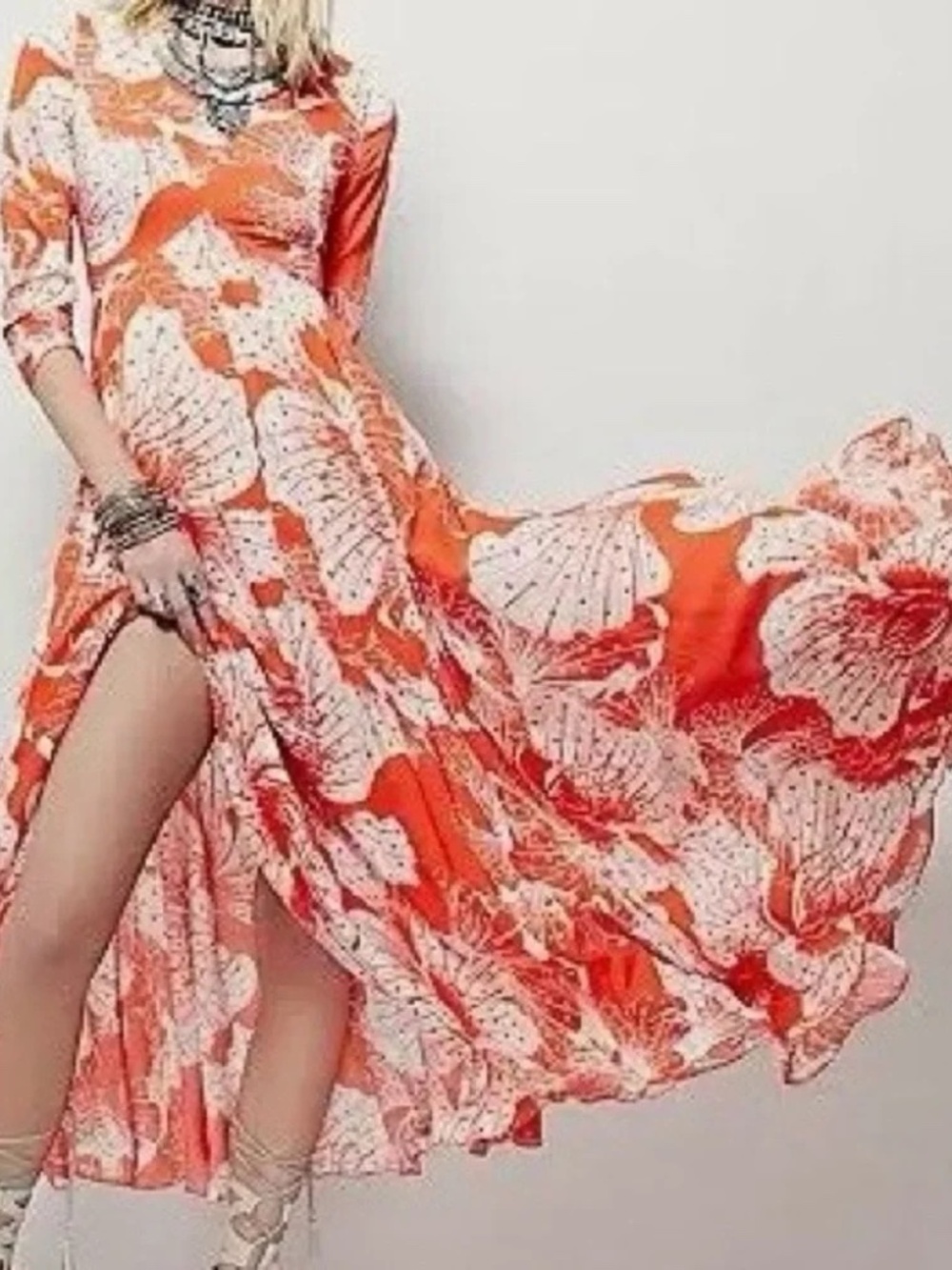 EUC FREE PEOPLE First Kiss Maxi Dress in Tangerine / Long-Sleeve / Sz S